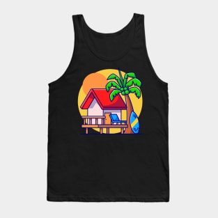 Cottage At beach With Sunset Cartoon Tank Top